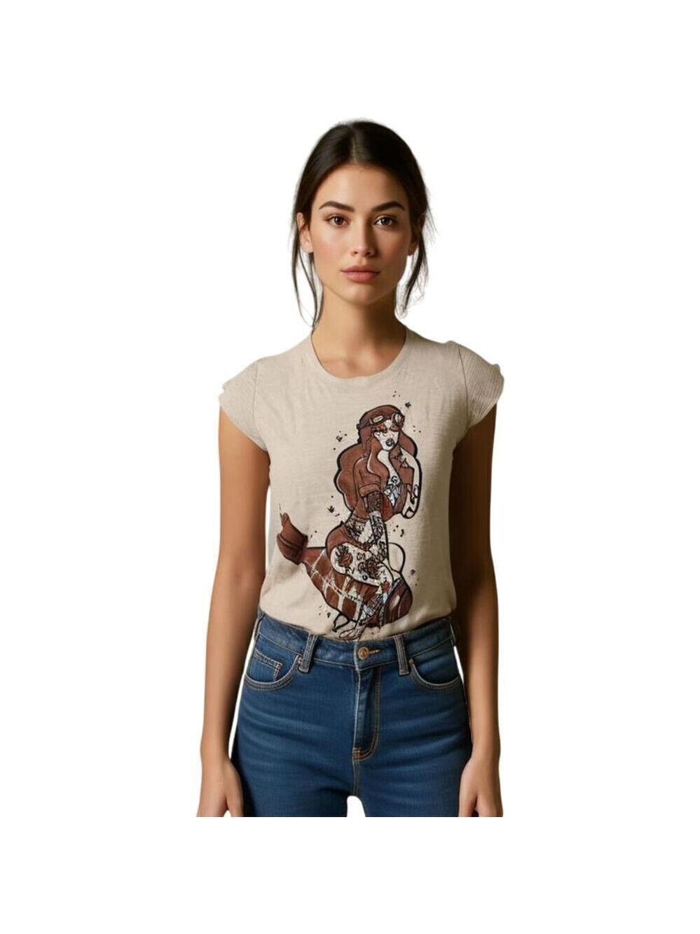 Aviator Tattoo Pin Up Girl Graphic Beige Tee Shirt Size S
